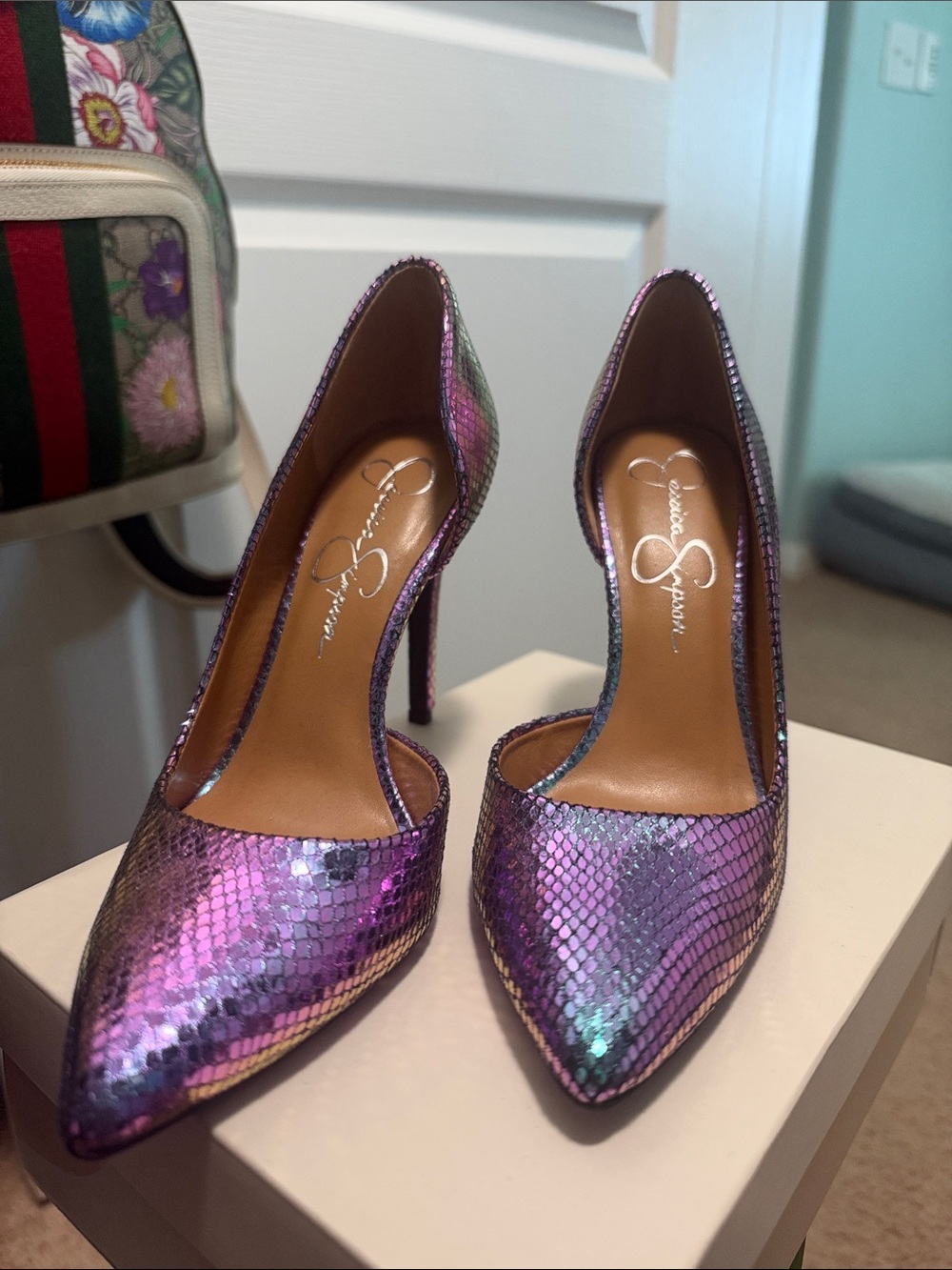 Jessica Simpson Iridescent Pink-Purple Snake-Effect Pointed-Toe Heels